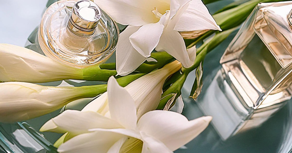 **"Elegant perfume bottles placed beside fresh white tuberose flowers on a reflective surface, symbolizing a luxurious and natural floral fragrance."**