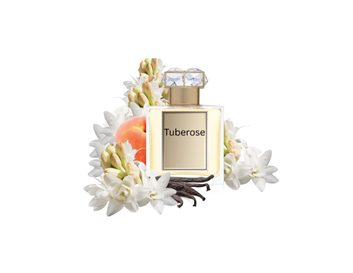 **"A luxurious tuberose perfume bottle with a crystal cap, surrounded by fresh white tuberose flowers, vanilla pods, and a peach, symbolizing an elegant floral fragrance."**