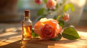 Yeh image ek chhoti si perfume ya essential oil bottle ki hai jo ek wooden surface par rakhi gayi hai. Bottle me golden-amber color ka liquid hai, jo natural aur organic essence ka ehsaas dilata hai. Uske paas ek sundar peach-pink rang ka gulaab hai, jo freshness aur elegance ko represent karta hai. Peeche soft-focus me aur bhi gulaab dikh rahe hain, jo is scene ko aur zyada soothing aur luxurious bana rahe hain. Natural sunlight ka halka glow bhi image ko warm aur inviting feel deta hai.
### **Alternative Text (ALT Text):**
*"‘Rose Fragrance’ perfume bottle with golden liquid placed beside a delicate peach-pink rose on a wooden surface, bathed in warm natural sunlight, evoking a fresh and luxurious essence."*